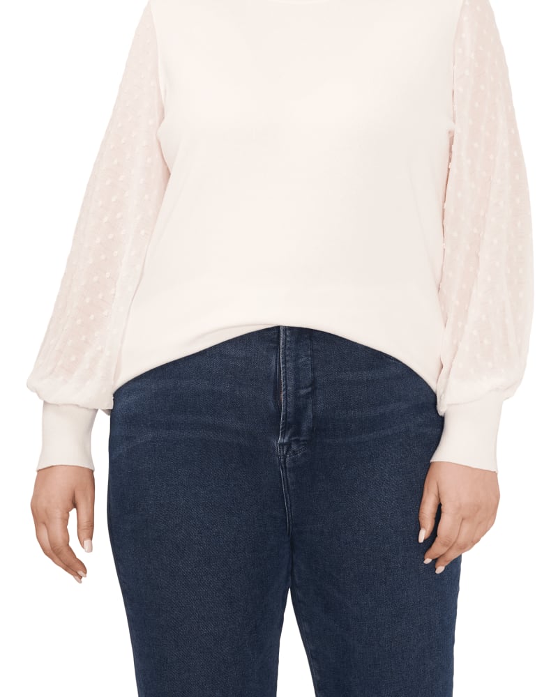 Front of a model wearing a size 1X Tori Mock Neck Sweater in ANTIQ WHITE by CeCe. | dia_product_style_image_id:263873